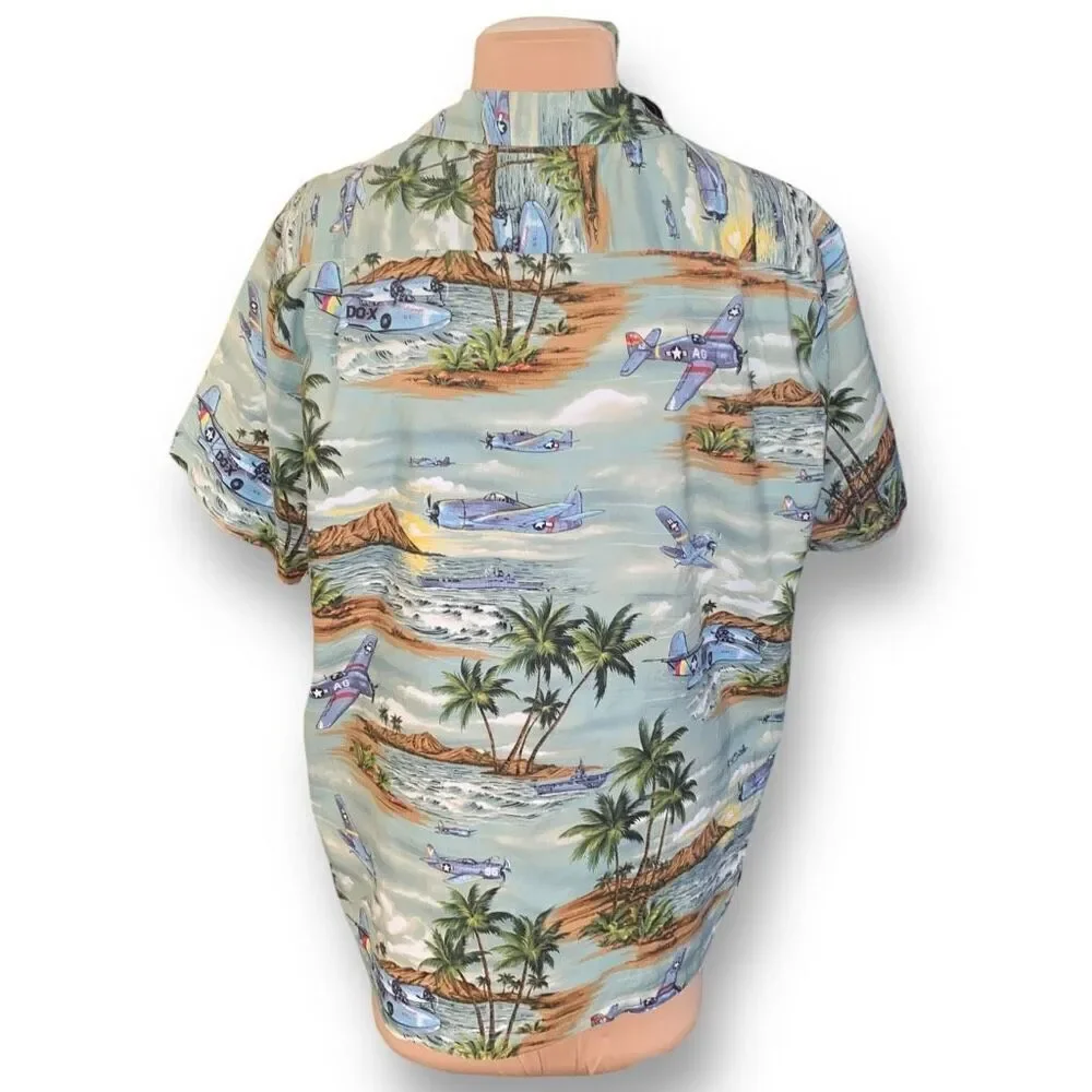 Vintage RJC Shirt Tropical Hawaiian Printed‎ Classic Airplane Green Boxy Camp XL